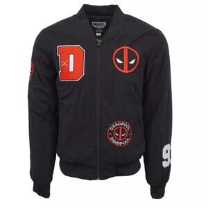 Marvel Deadpool Bomber Style Black Puff Jacket Zip Front Patches Mens Medium